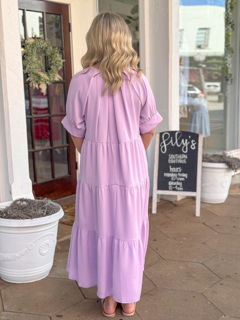 Lavender Tiered V Neck Midi Dress