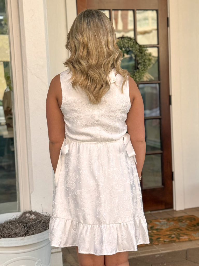 White Textured Side Bow Detail Dress