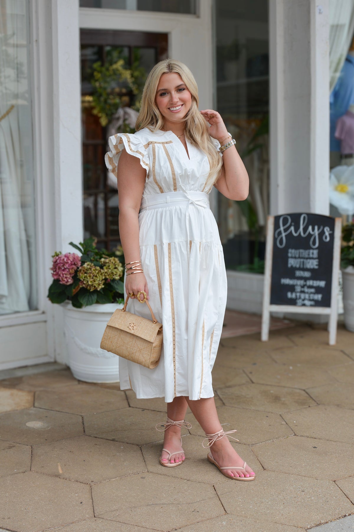 white lace poplin dress Off Trim Flutter Sleeve Midi Color:Champagne Floral and minimalism Reformation Anabella Linen Dress All except TBB patches and customization fees