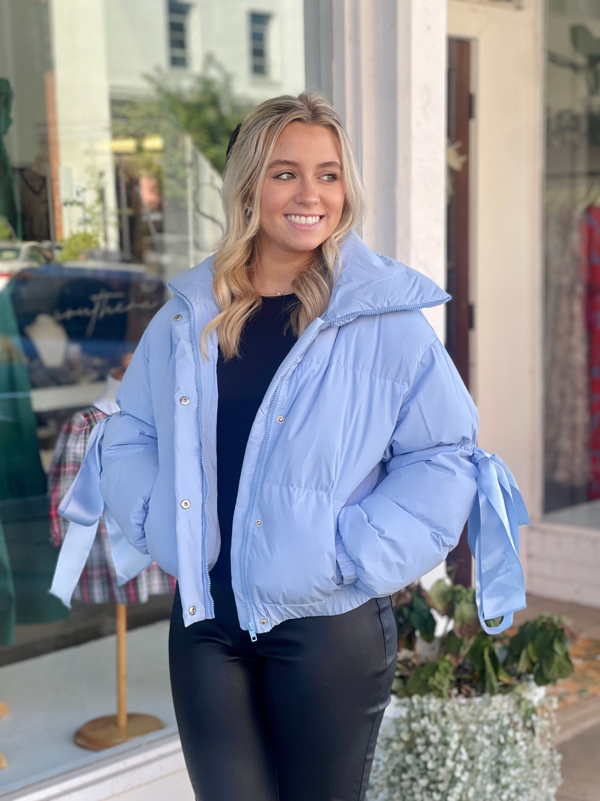 Light blue puffer on sale coat