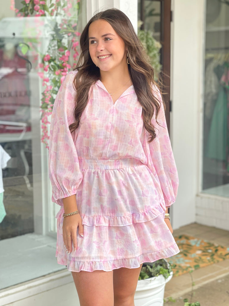 Pink Watercolor Smocked Waist Dress