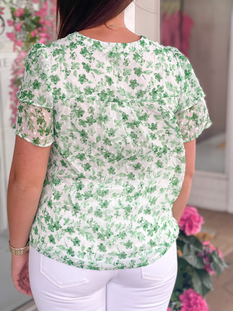 Kelly Green Clip Dot Floral Print Lace Blouse