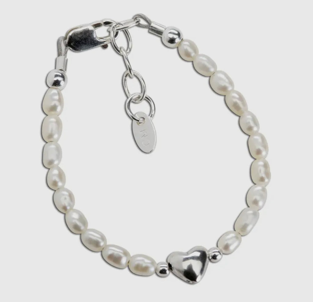 Girls Sterling Silver Pearl And Heart Baby Bracelet