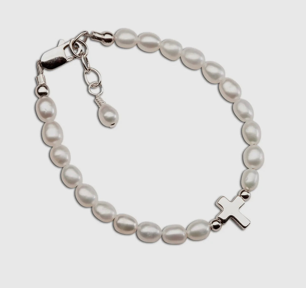 Girls Sterling Silver Pearl And Cross Baby Bracelet