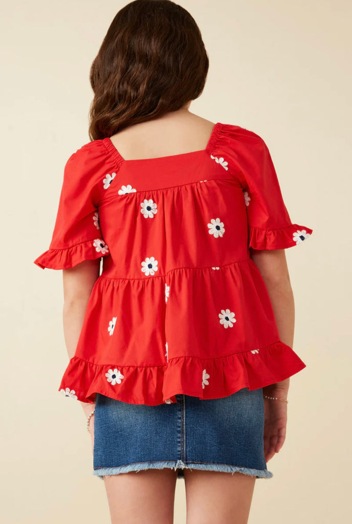 TWEEN Red Daisy Ruffle Hem Top