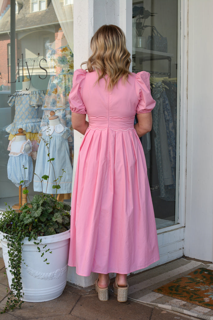 Pink Scalloped Neckline Midi Dress