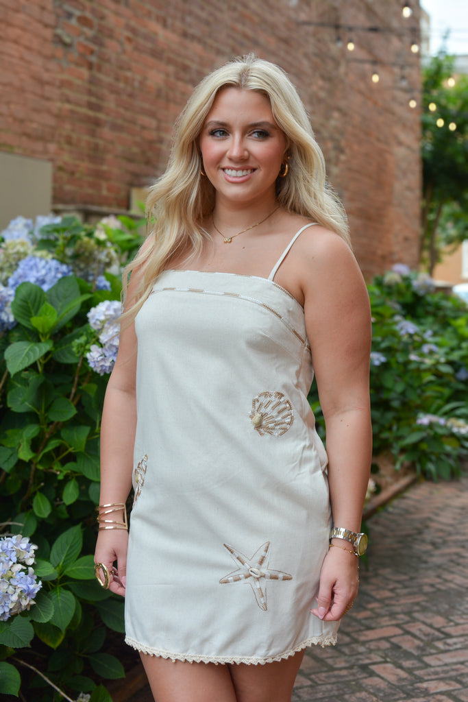 Oatmeal Sea Shell Embroidered Linen Mini Dress
