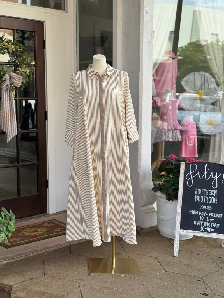 CURVY Sand Stripe Button Down Long Dress