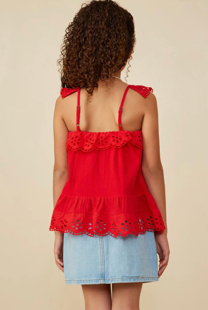 TWEEN Red Scalloped Eyelet Top