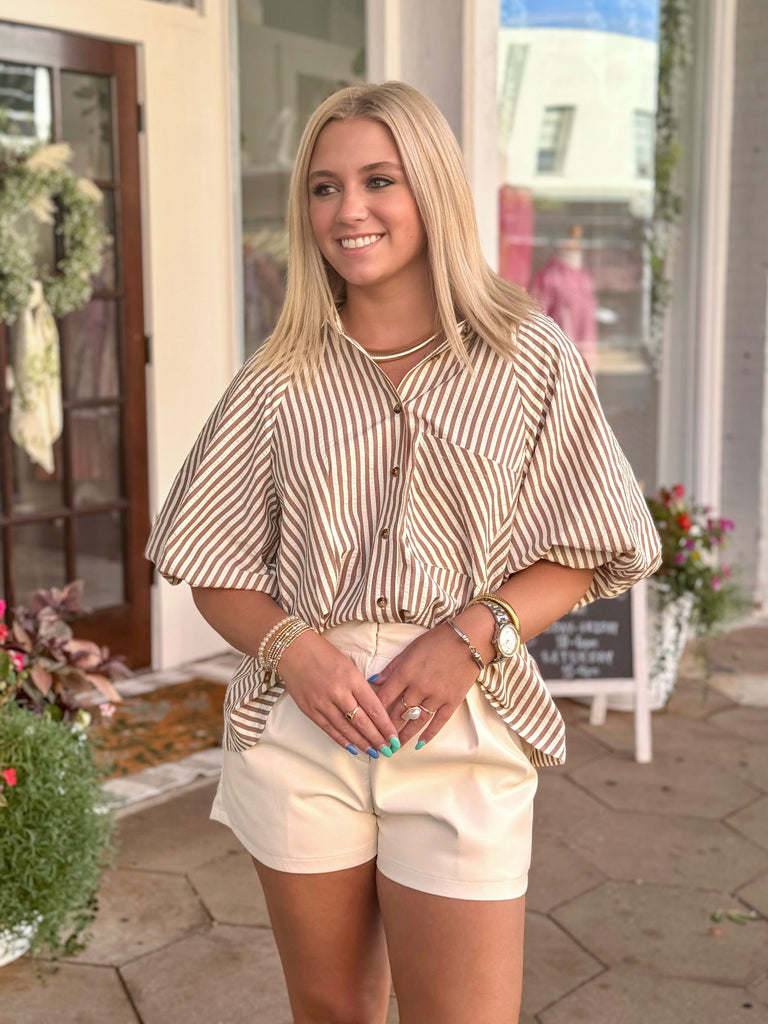 Pecan Stripe Bubble Sleeve Button Down