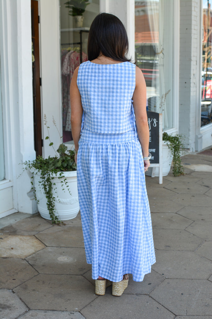 Blue And White Gingham Lace Up Tank Top And Skirt Set
