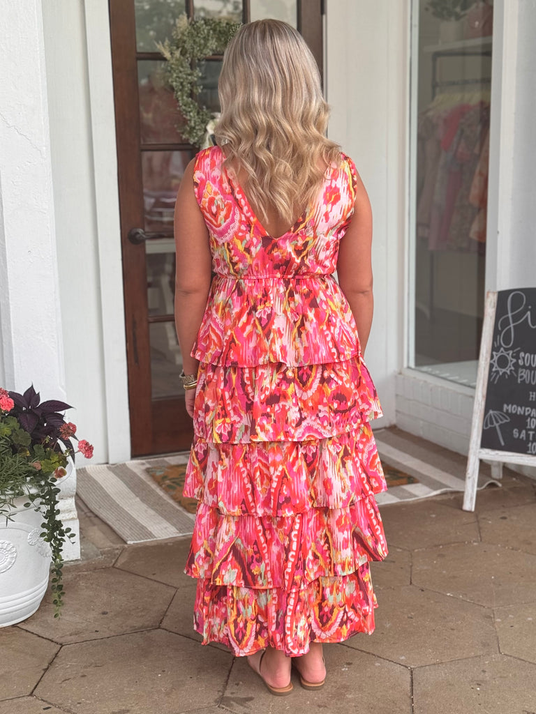 Pink Abstract Print Tiered Midi Dress