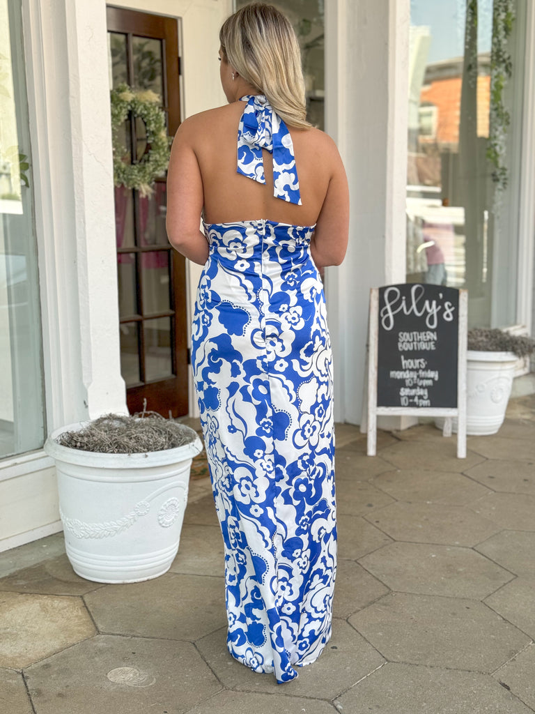 Cobalt Blue Helsinki Tilda Satin Halter Maxi Dress Lily s Southern Boutique