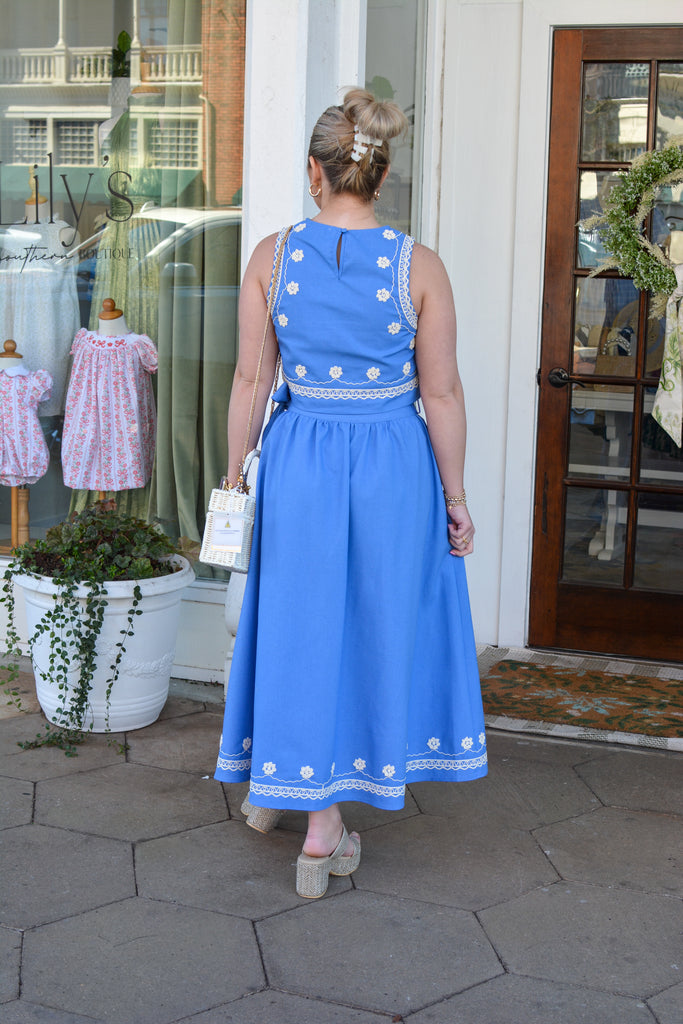 Blue Embroidered Crop Top & MIDI Skirt Set