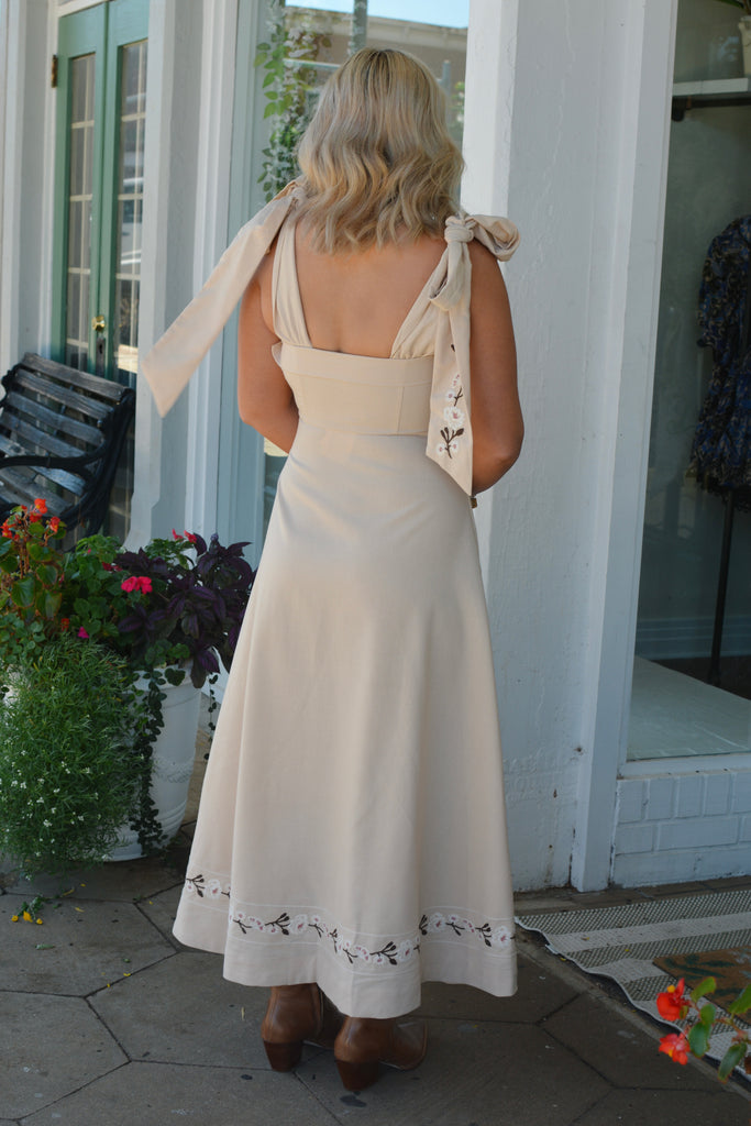 Lt. Taupe Embroidered Shoulder Bow Tie Midi Dress