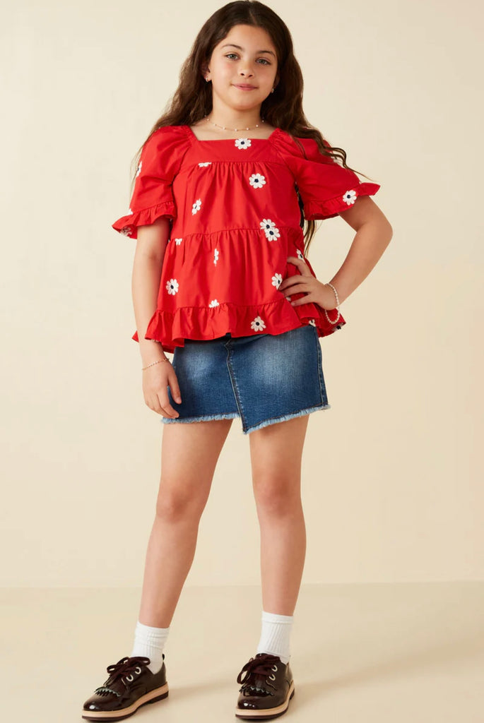 TWEEN Red Daisy Ruffle Hem Top