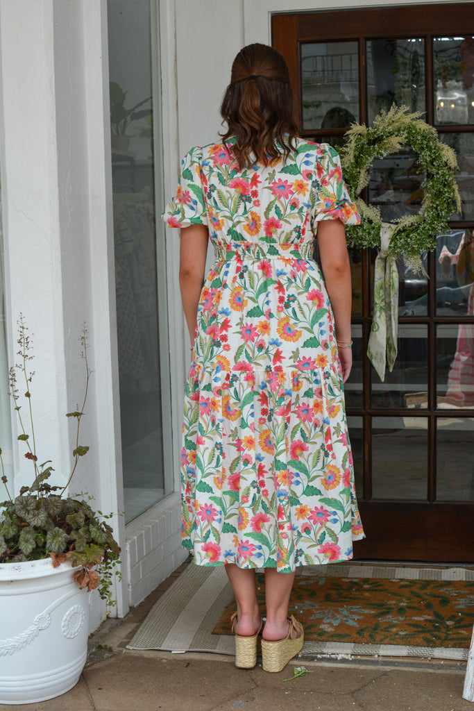 Summer Jacobean Flower Print Midi Dress