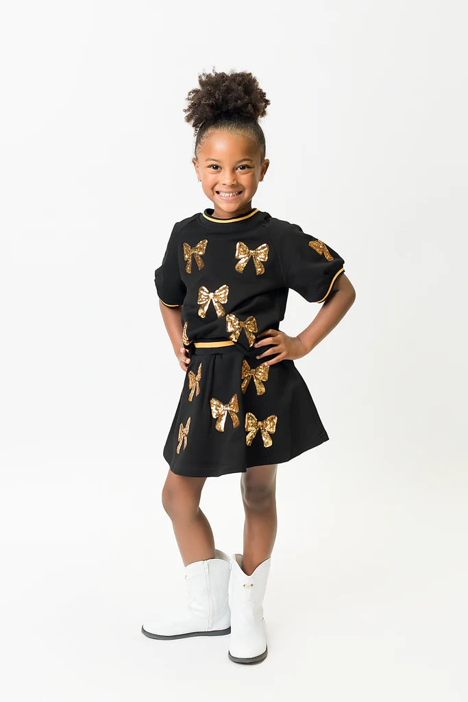 TWEEN Black and Gold Bows Top