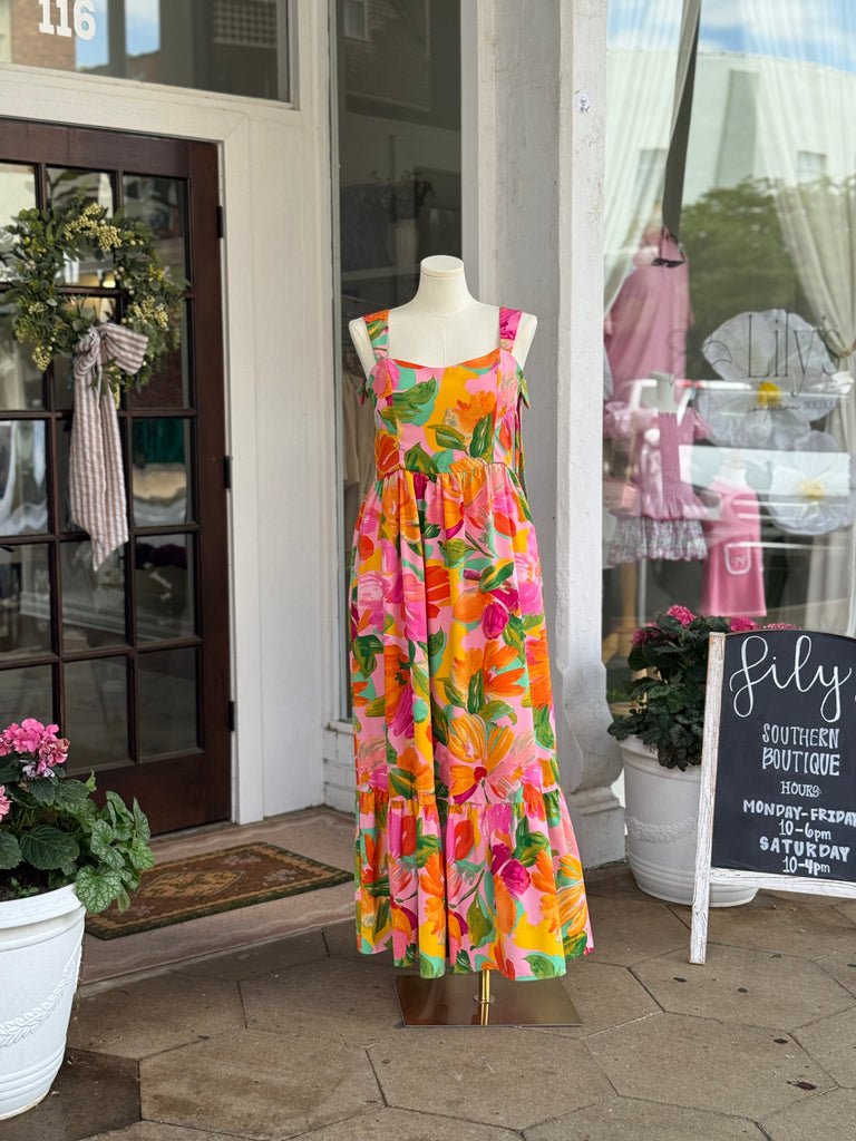 southern maxi dresses CURVY Pink/Green Floral Dress Style:BLUE523 Solène Drop-Waist Dress | 55%Cotton+45%Viscose Style PF25 Heavy Jersey