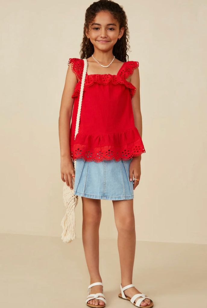 TWEEN Red Scalloped Eyelet Top