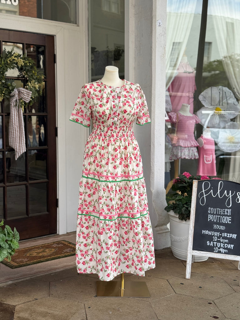 pink short sleeve maxi dress CURVY Pink Short Sleeve Flower Print Tiered Maxi Dress