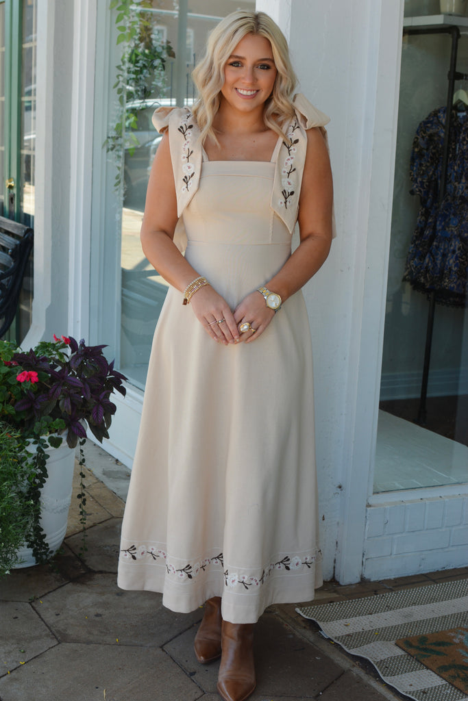 Lt. Taupe Embroidered Shoulder Bow Tie Midi Dress