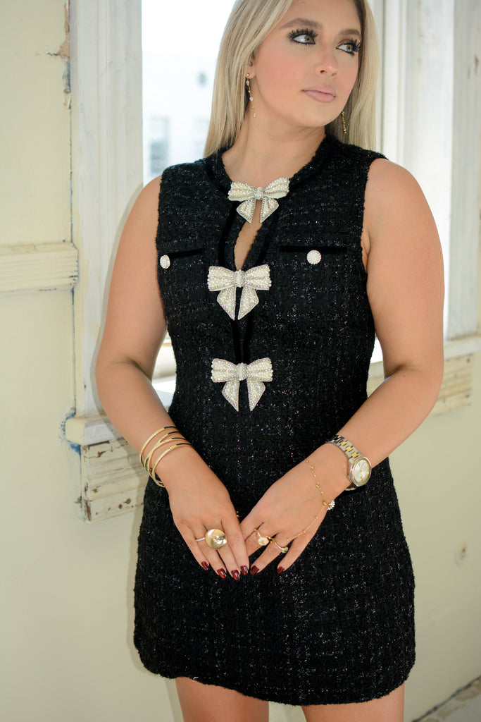 Black Jewel Bow Detail Tweed Mini Dress