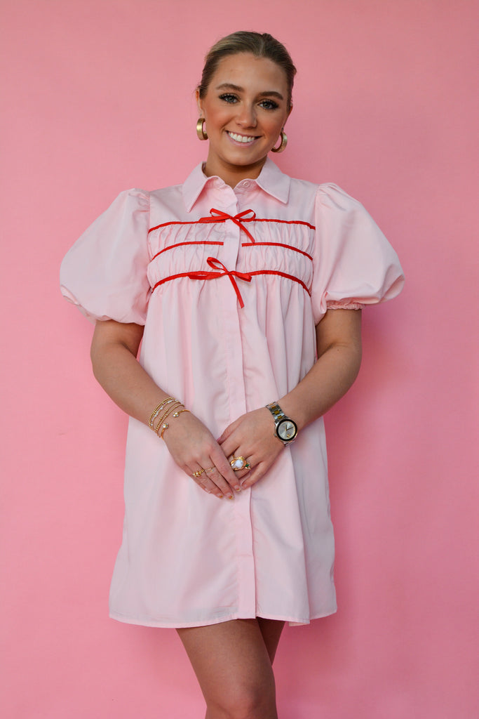 Pink Button Up Contrast Ribbon Accents Dress