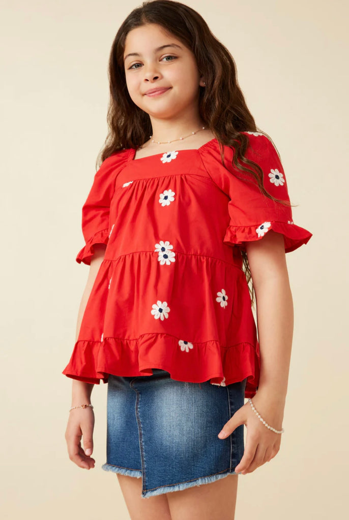 TWEEN Red Daisy Ruffle Hem Top