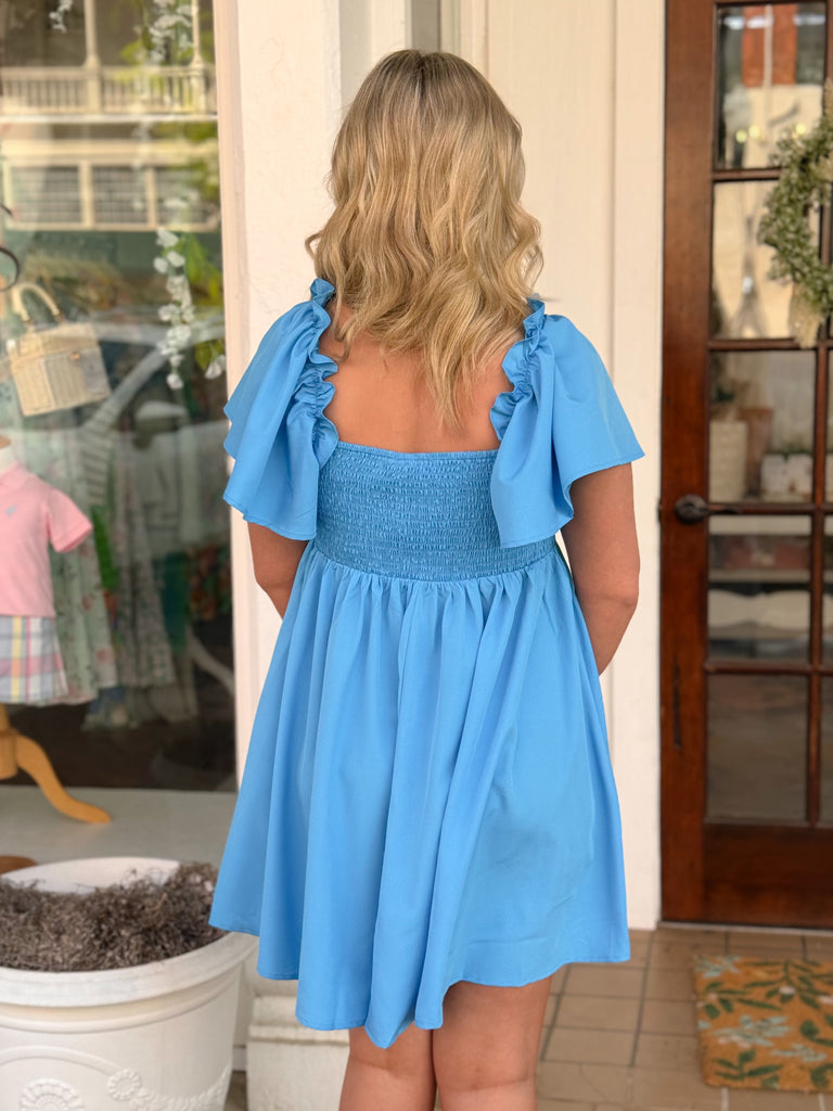 Aqua Blue Ruffle Shoulder Flare Sleeve Babydoll Dress