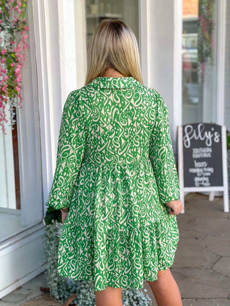 Green Print Collared Dress