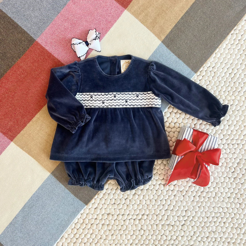 Smocked Bon Air Bloomer Set (Velour)-Nantucket Navy