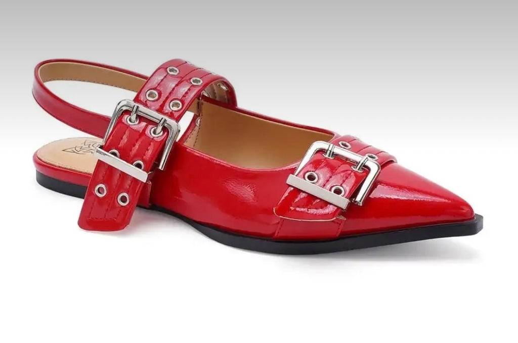 Red Buckle Strap Slingback Flats