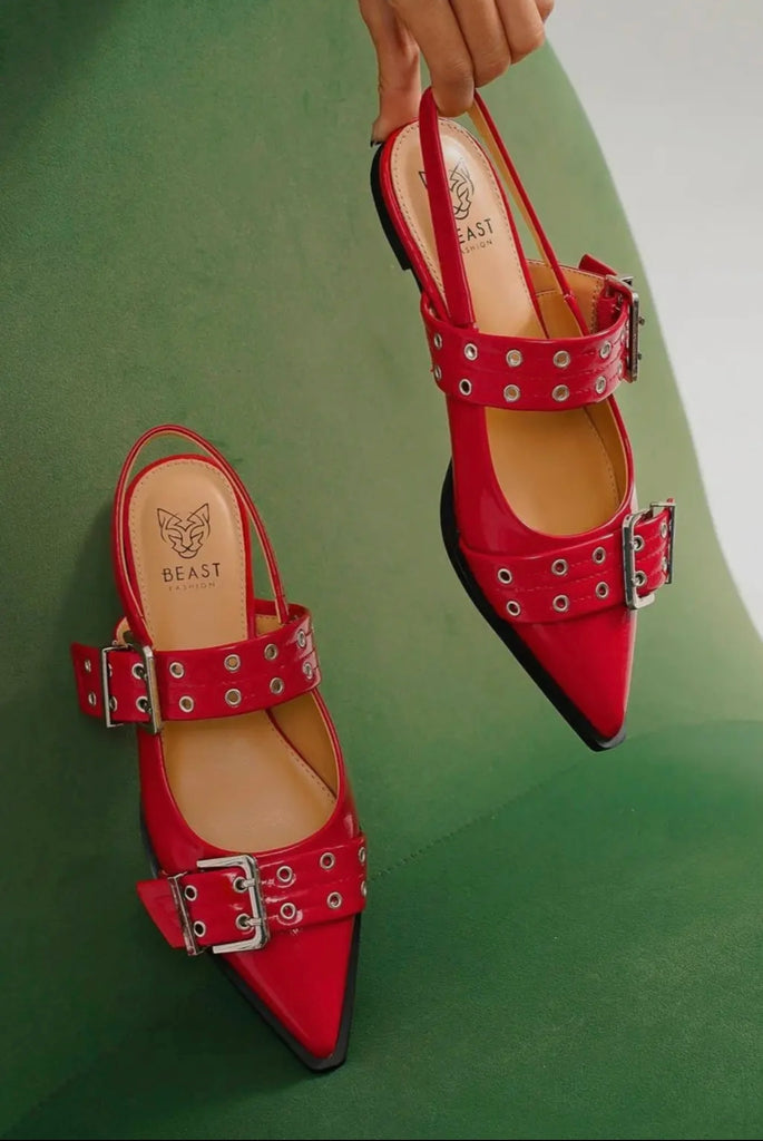 Red Buckle Strap Slingback Flats