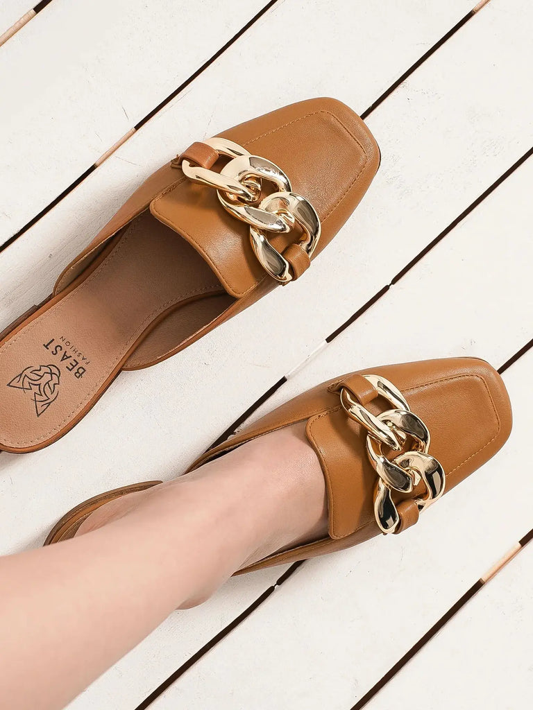 Camel Chunky Chain Deco Mules