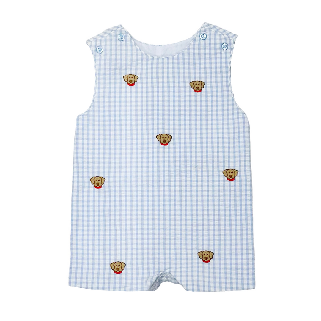 Baby Boy Labrador Light Blue Check Seersucker Shortall Lily's