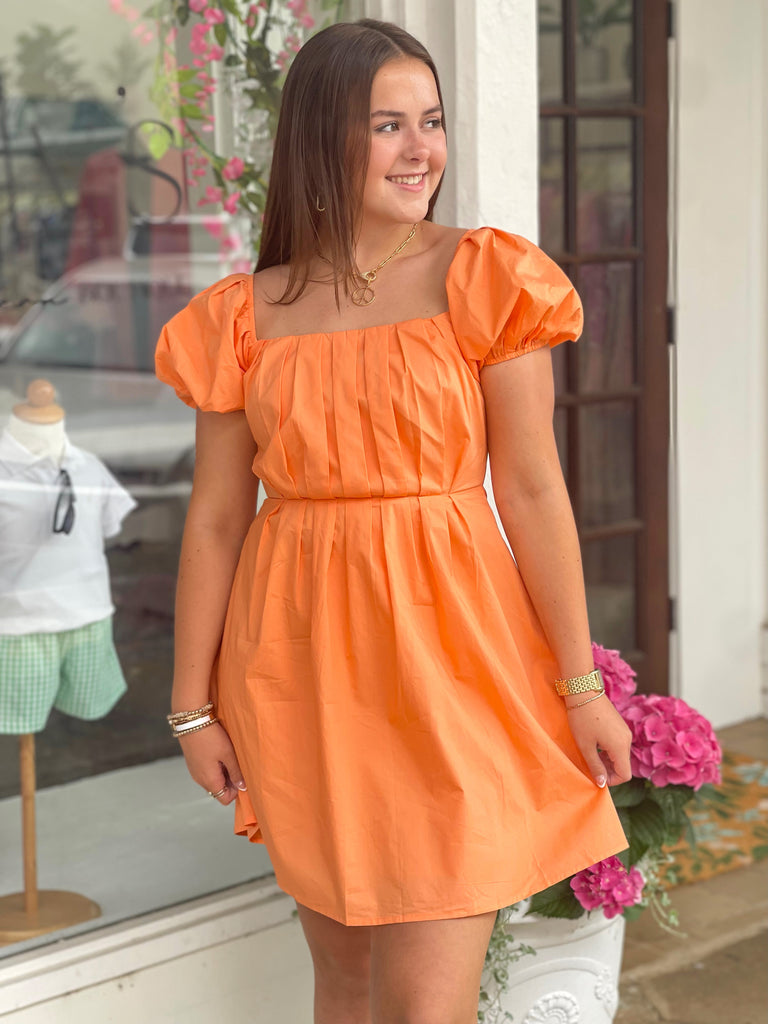 Orange Front Pleat Detail Puff Sleeve Dress