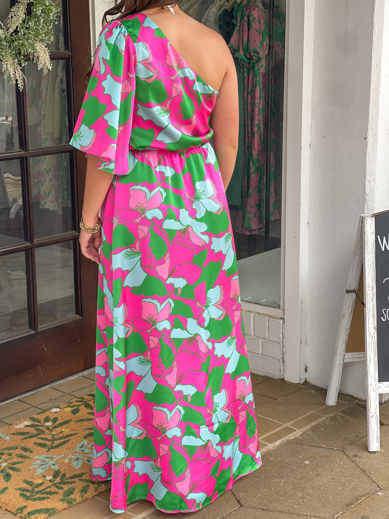 Magenta Pitaya Berry One Shoulder Silk Maxi Dress