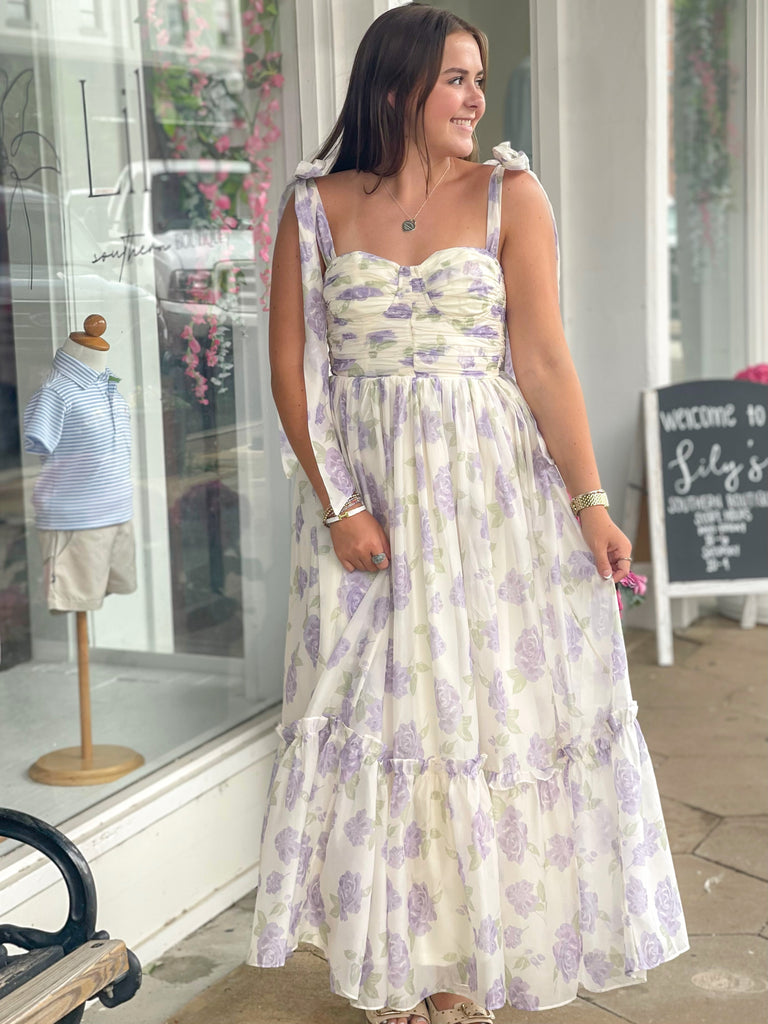 Lavender Ruched Tiered Floral MIDI Dress