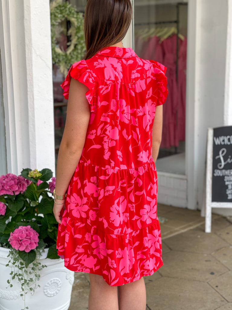 Bold Red Mix Floral Collared Dress