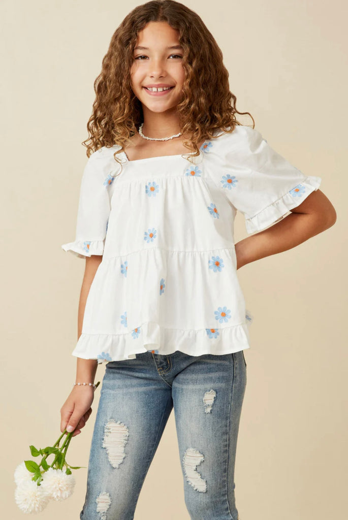 TWEEN Embroidered Daisy Top