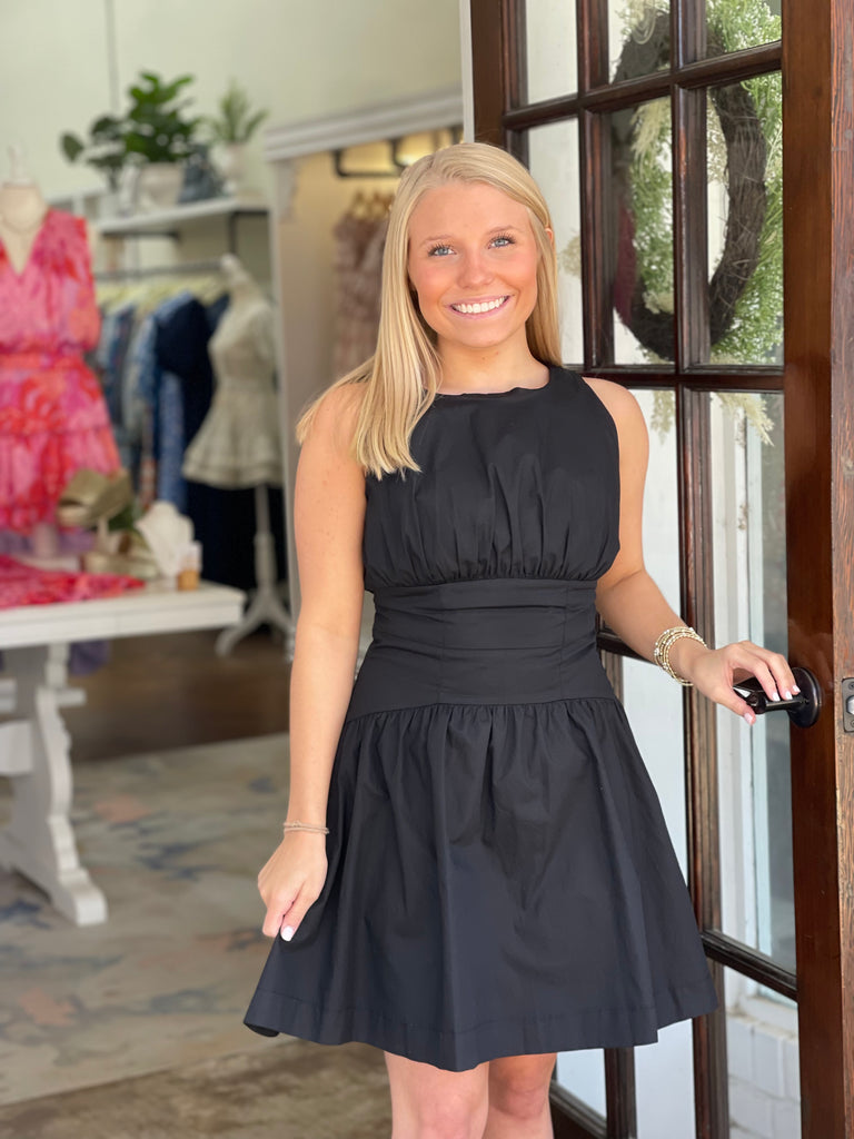 Black Banded Waist Flared Dress