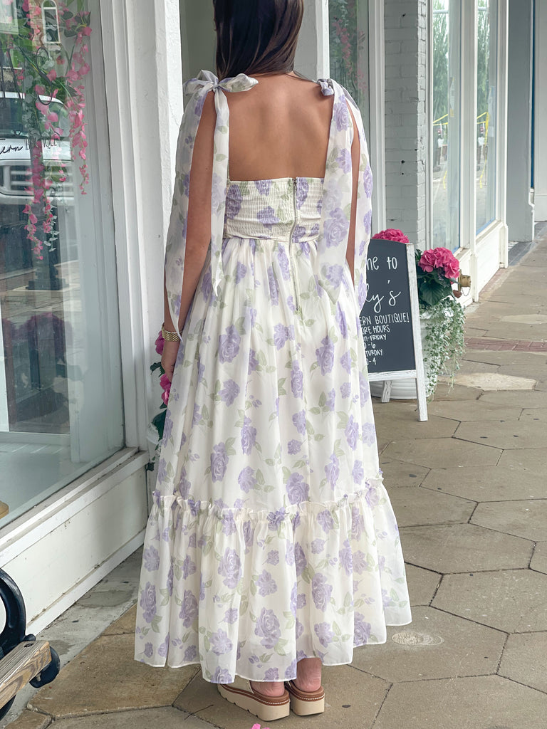 Lavender Ruched Tiered Floral MIDI Dress