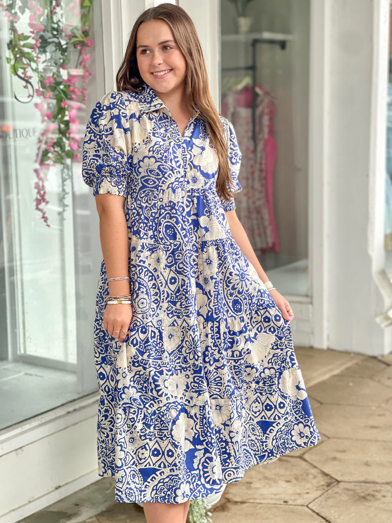Blue Abstract Print Tiered Dress