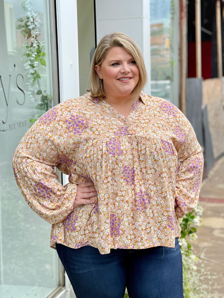 CURVY Floral Collared Tiered Tunic