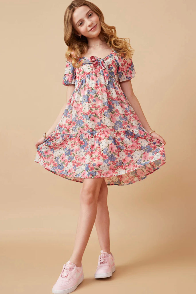 TWEEN Spring Floral Puff Sleeve Bow Front Dress