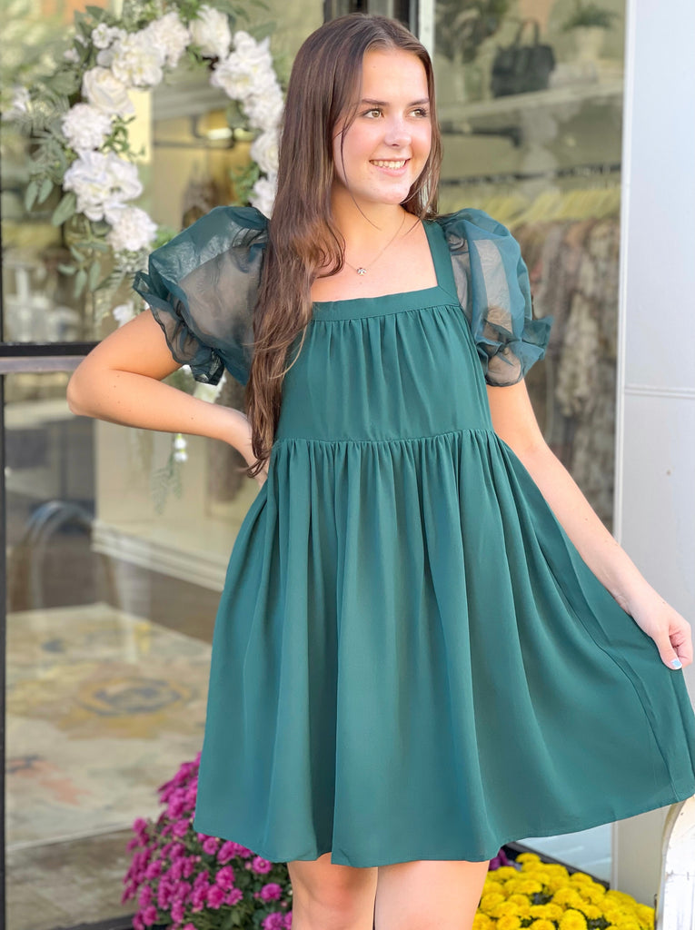 Ella’s Sheer Sleeve Flirty Dress in Hunter Green