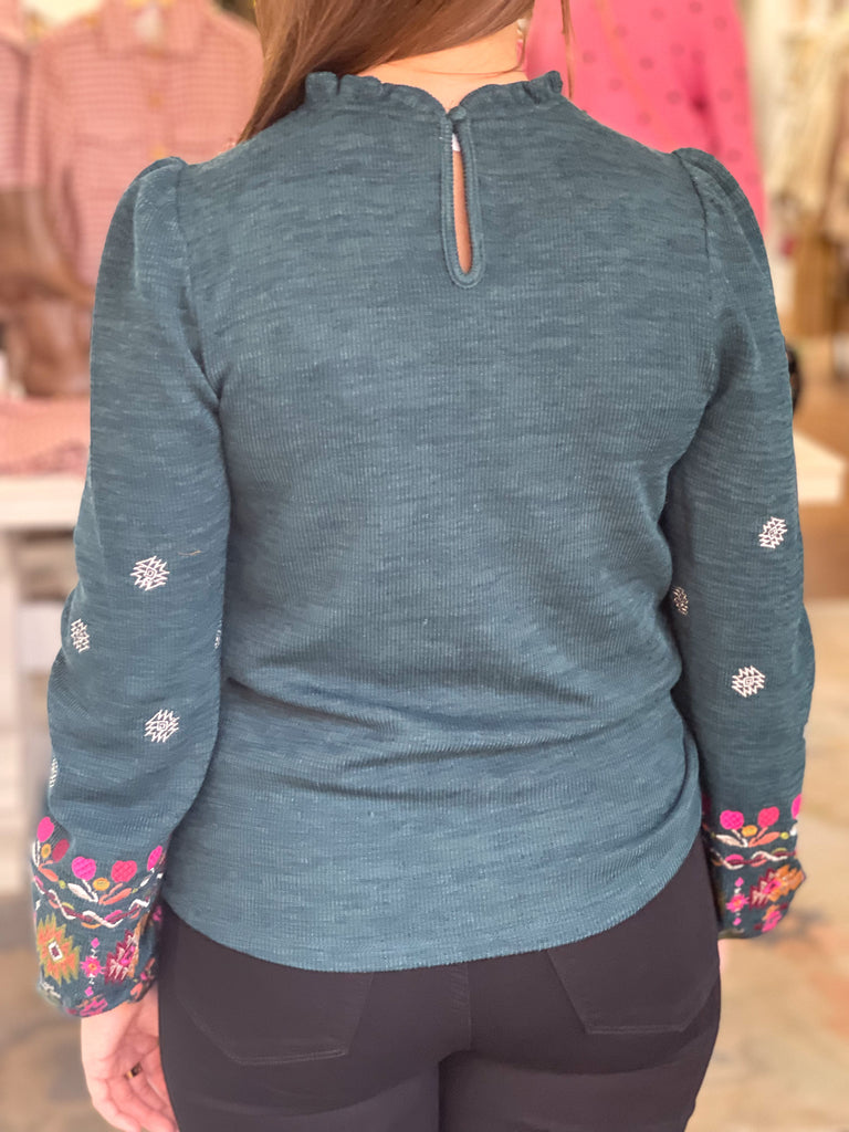 Teal Embroidered Long Sleeve Knit Top