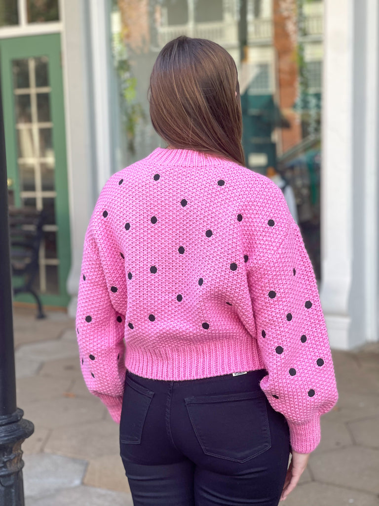 Minnie Embroidered Pink & Black Dot Sweater