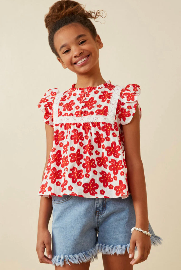 TWEEN Red Embroidery Textured Floral Lace Top